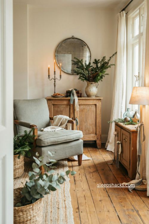 French country cottage Christmas with linen greenery and aged silver 