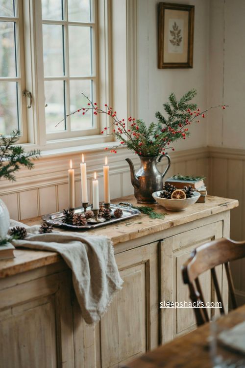 French country cottage christmas decor with antique silver trays candles and a vintage teapot vase