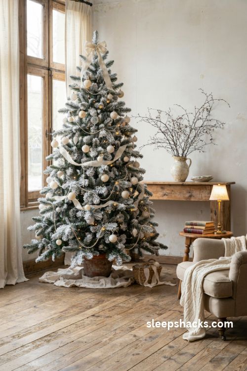 French country flocked white Christmas tree with cascading cream linen ribbon ivory ornaments and vintage pearls