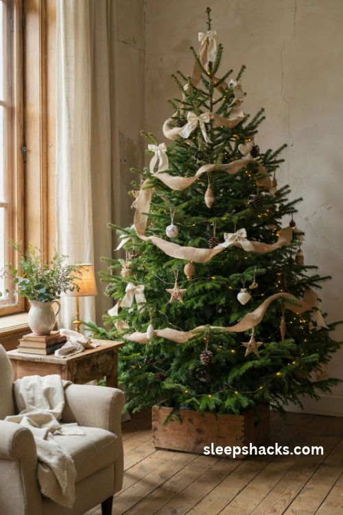 French country rustic Christmas tree with burlap ribbon linen bows wooden ornaments and amber lights