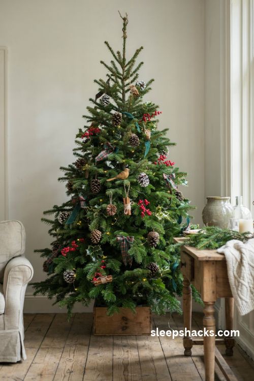 French country woodland Christmas tree with natural pinecones red holly berries cinnamon sticks and rustic twig topper