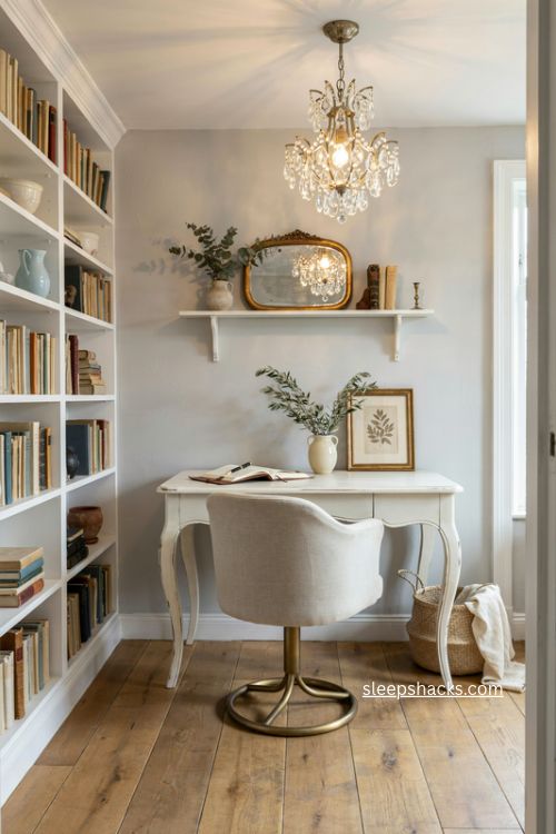 French farmhouse home office with crystal chandelier white writing desk and linen chair 