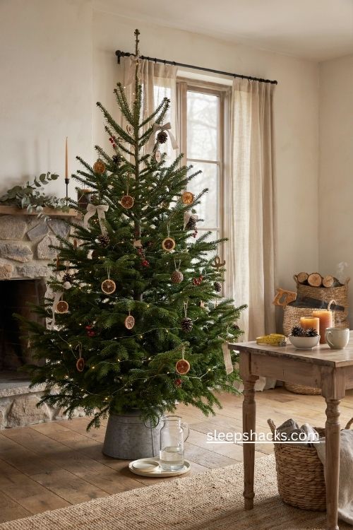 Fresh cut Christmas tree with watering stand and cozy natural farmhouse holiday decor