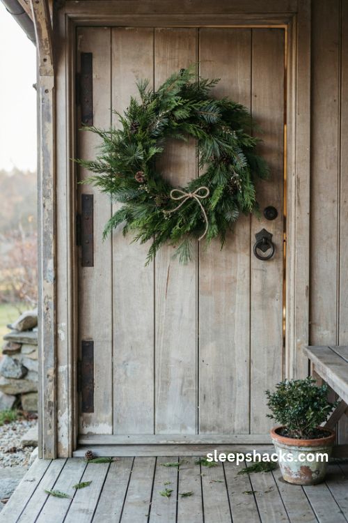 Fresh evergreen and cedar christmas wreath with pinecones and a simple twine bow on a rustic farmhouse door