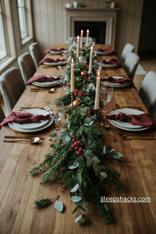 Fresh evergreen christmas garland with red berries candles and elegant table settings