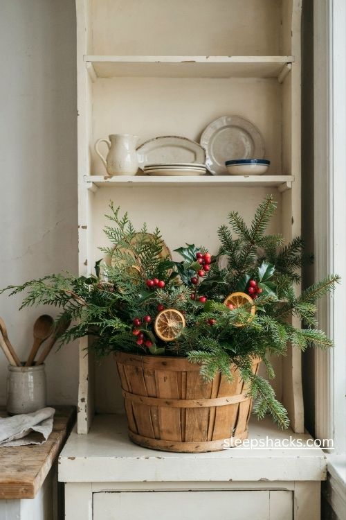 Fresh evergreen greenery in a woven basket on a vintage christmas hutch with cranberries and dried orange slices