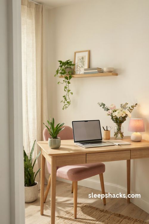 Fresh flowers and easy plants in a feminine home office with a glass bud vase, trailing pothos, ceramic planters, blush pink accents, and a natural wood desk