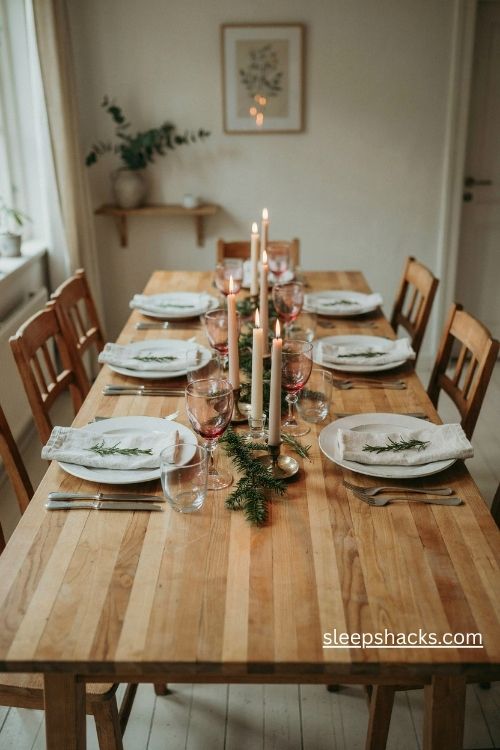 Fresh rosemary sprigs on white napkins for a simple christmas table setting