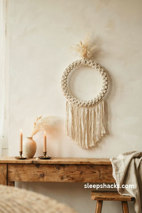 Fringe and feather boho macrame christmas wreath with cream cotton tassels and pampas grass