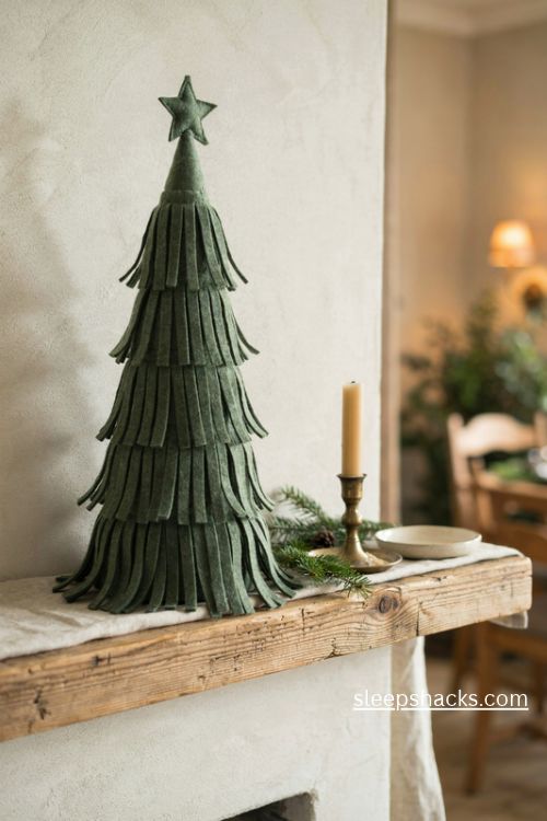 Fringe felt Christmas tree with soft layered green branches and a handmade star topper