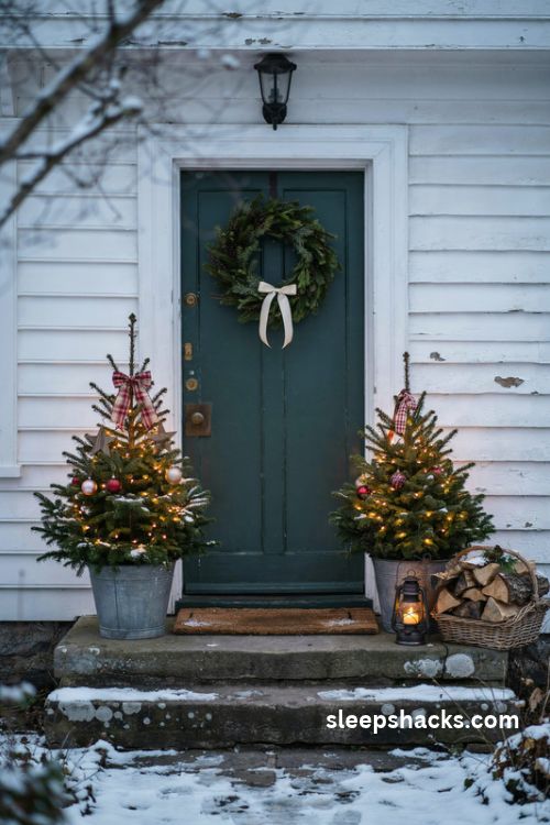 Front porch potted christmas tree with warm outdoor lights plaid bow and galvanized planter