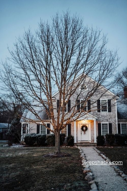 Front yard tree wrapped in warm white christmas lights glowing beside a cozy home at dusk