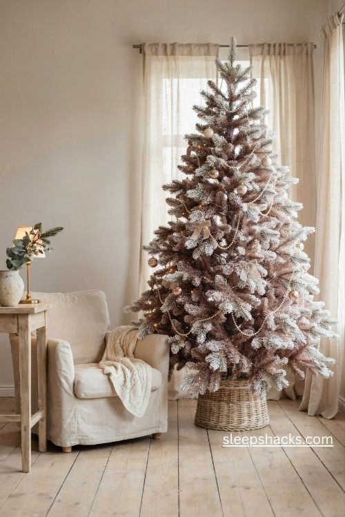 Frosted blush pink christmas tree with snowy white tipped branches and soft elegant holiday decor