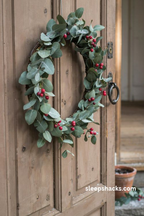 Frosted eucalyptus christmas wreath with silvery green leaves and red berries on a rustic cottage door