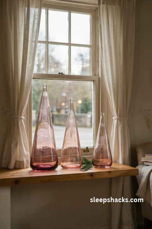 Frosted glass christmas trees on a windowsill with soft winter light