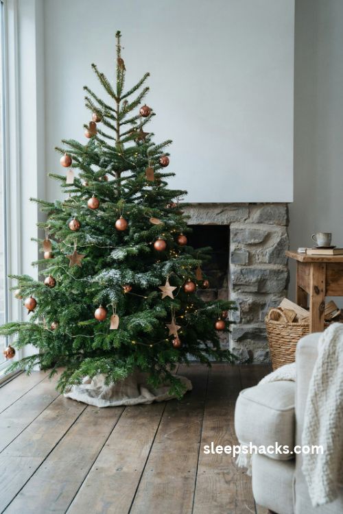Frosted green christmas tree with brown ornaments and rustic winter accents
