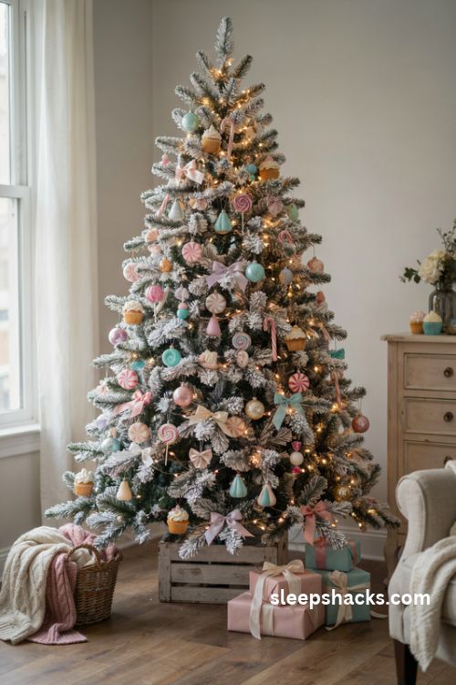 Frosted white christmas tree with pastel candy ornaments and warm white lights in a cozy vintage living room