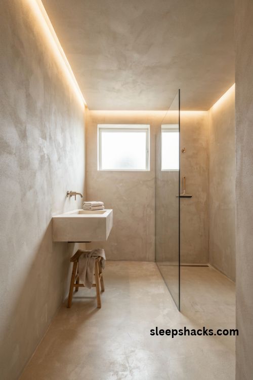 Fully wrapped microcement wet room with seamless warm beige walls and walk in shower