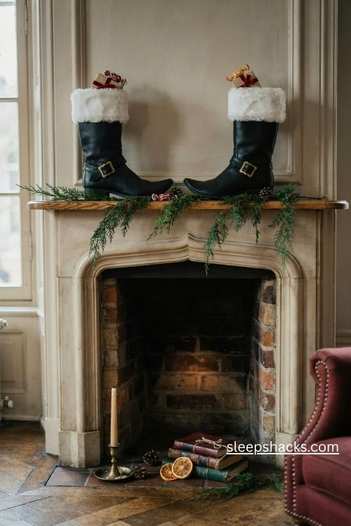 Fur cuffed black Santa boots with gold buckles and evergreen garland on a cozy Christmas mantel