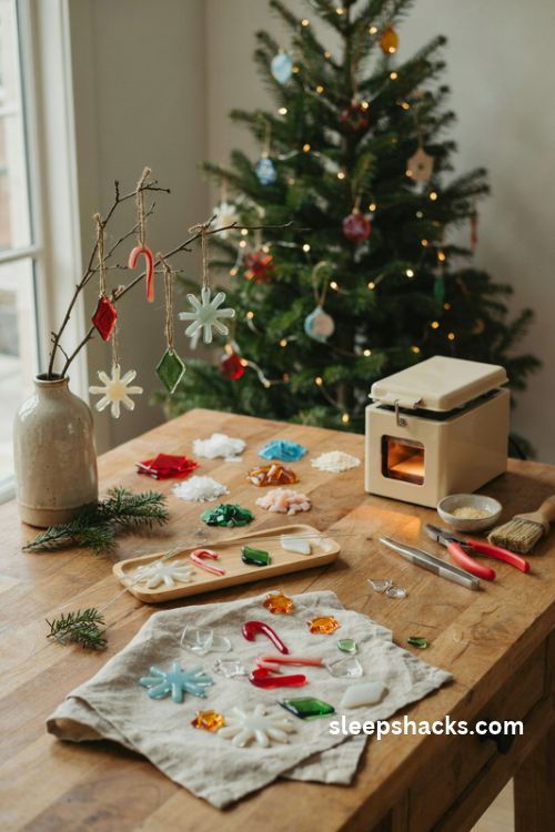 Fused glass christmas ornaments handmade in a cozy holiday craft workshop