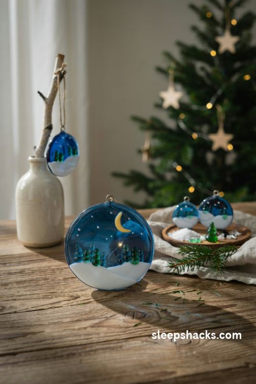 Fused glass winter night landscape ornament with snowy hills pine trees and crescent moon