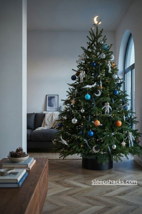 Galaxy adventure christmas tree with spaceship ornaments planets silver stars and navy ribbon