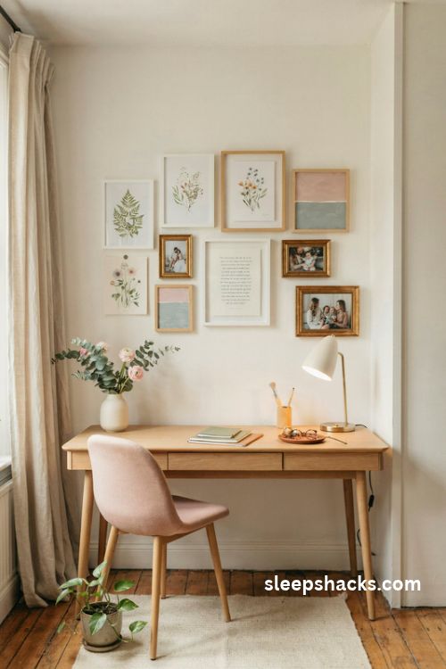 Gallery wall of art in a feminine home office with botanical prints, watercolor paintings, gold and wood frames, a blush pink chair, and a cozy natural wood desk