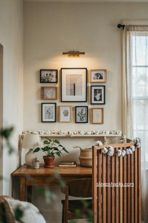 Gallery wall with picture lights above a cozy home office desk