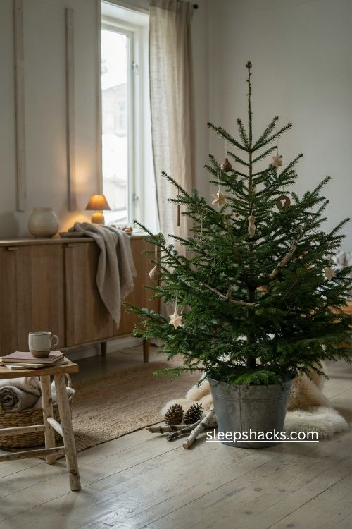 Galvanized bucket Christmas tree with cozy faux fur Nordic decor