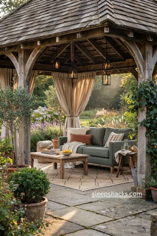 Gazebo enclosed patio ideas with cozy outdoor living room furniture and curtains