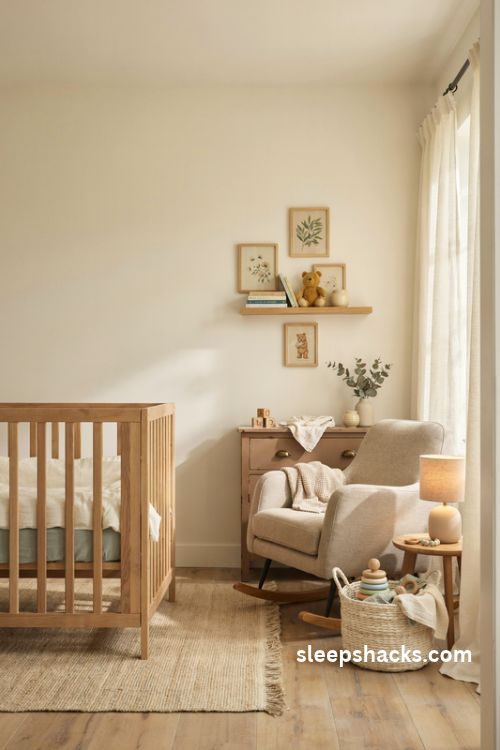 Gender neutral Winnie the pooh nursery with honey cream sage and natural wood decor
