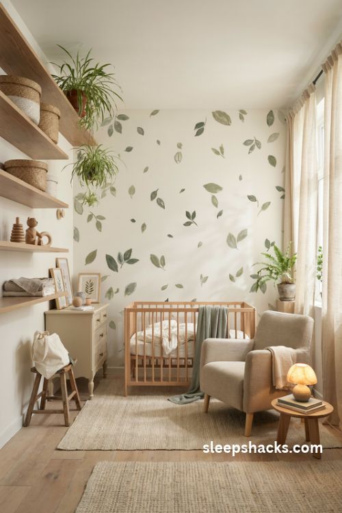 Gender neutral botanical nursery with sage green leaf wallpaper and natural wood furniture