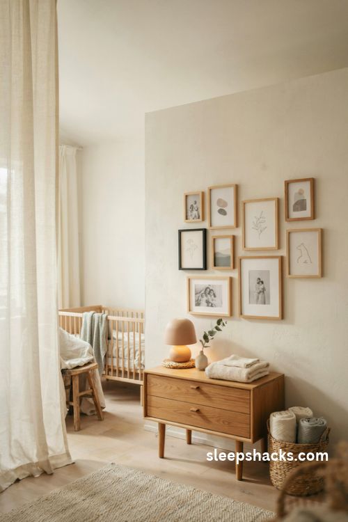 Gender neutral nursery gallery wall with sage botanical prints and natural wood frames