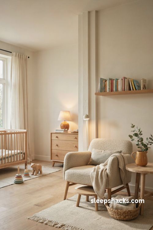 Gender neutral nursery reading nook with cozy boucle armchair and wooden bookshelf