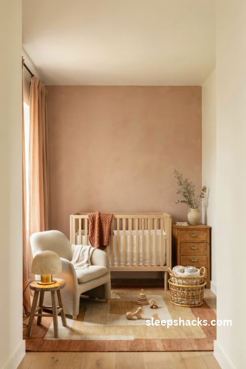 Gender neutral nursery with dusty terracotta accent wall cream bedding and natural wood