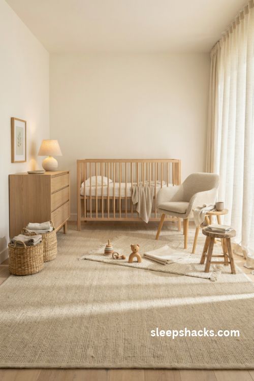 Gender neutral nursery with layered neutral rugs ivory wool and natural jute textures
