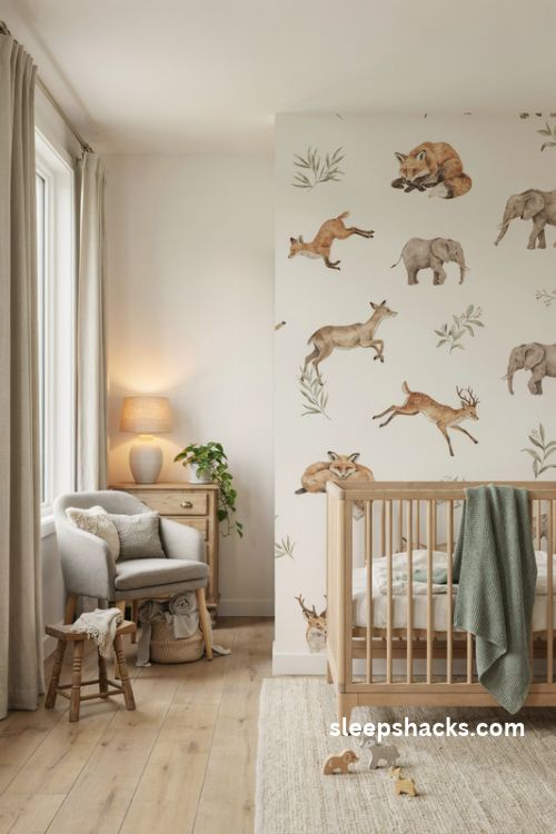 Gender neutral nursery with muted woodland animal wallpaper and natural oak crib