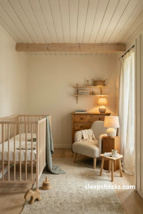 Gender neutral nursery with natural wood crib oak dresser and warm neutral decor