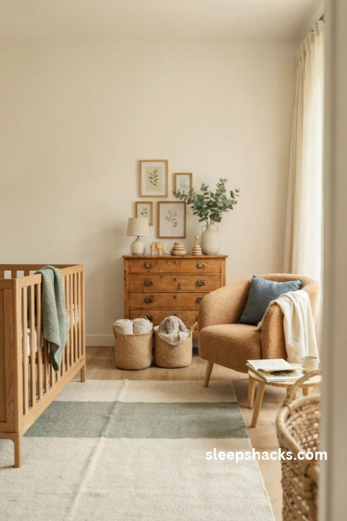 Gender neutral nursery with sage green slate blue and warm cream decor