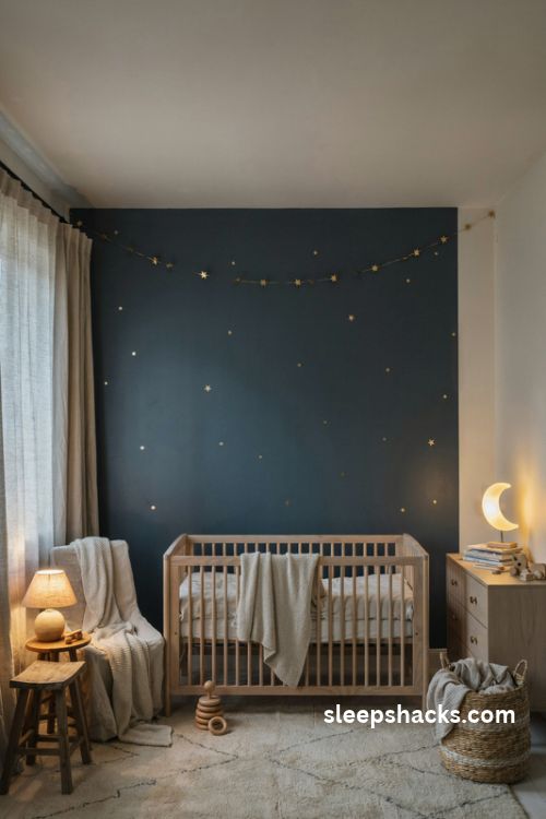 Gender neutral star and moon nursery with navy accent wall and gold celestial decor