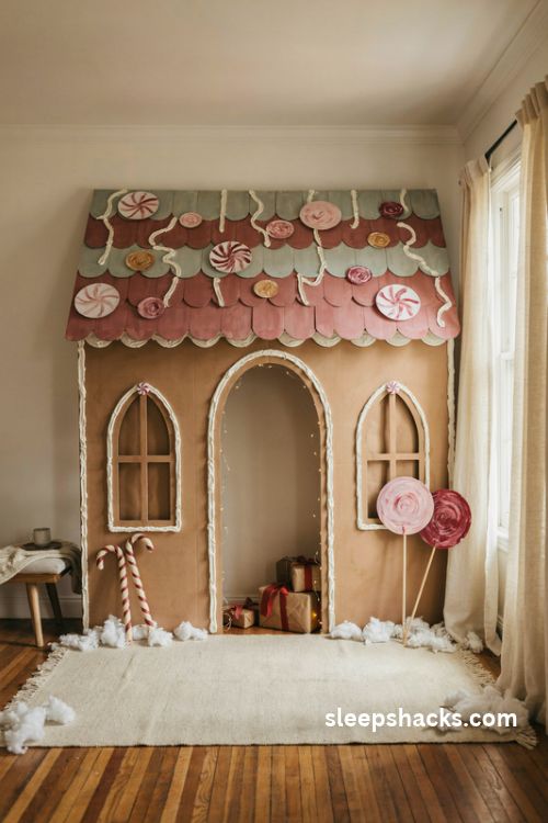 Giant diy gingerbread house christmas backdrop with candy decorations and white icing details