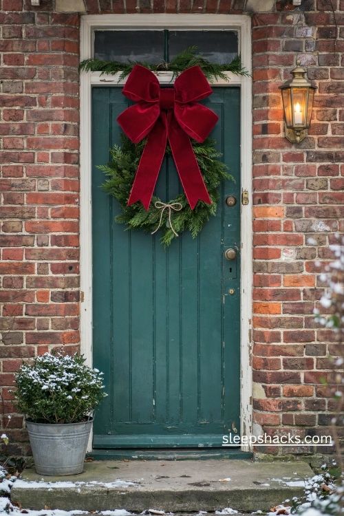 Giant red christmas bow on a charming front door with simple festive greenery