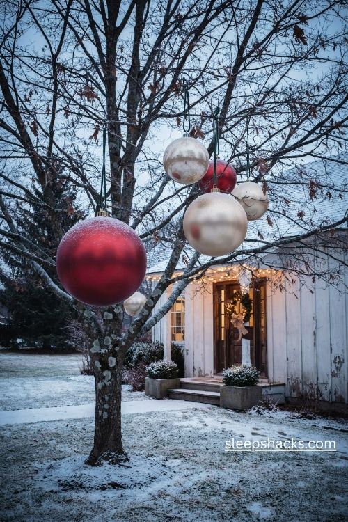 Giant red gold and cream christmas ornaments hanging from a bare front yard tree