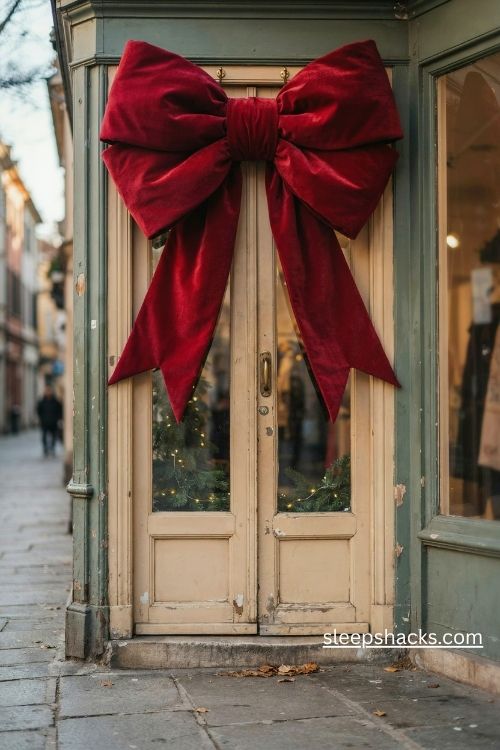 Giant red velvet christmas bow across a boutique storefront door with long flowing ribbon tails