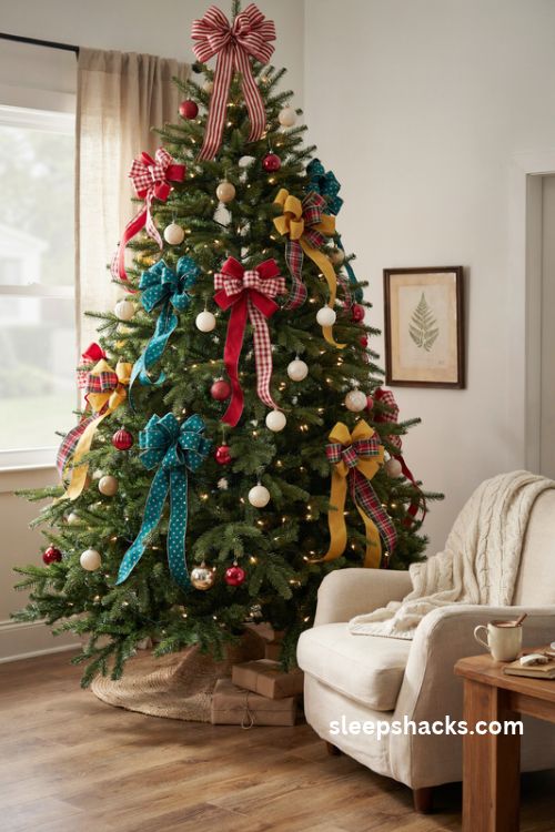 Giant ribbon bow Christmas tree with colorful oversized bows
