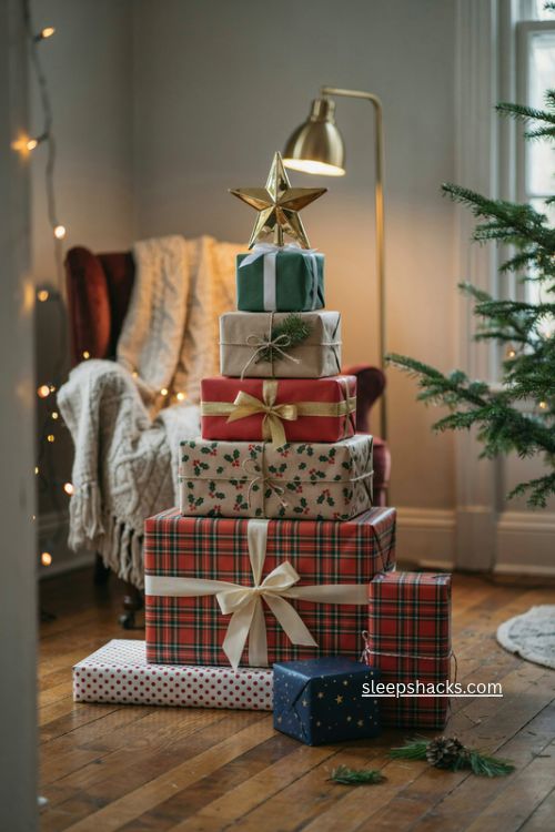 Gift box stack christmas tree with plaid wrapping paper and cozy holiday decor 