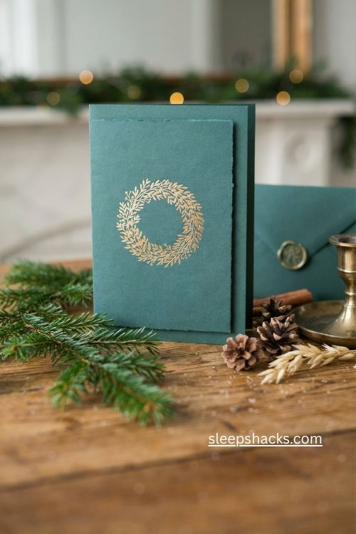 Gilded foil wreath die cut Christmas card in deep green and gold