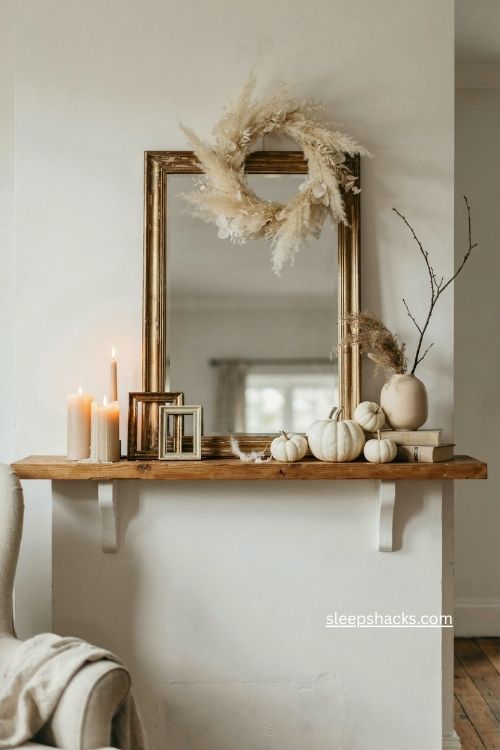 Gilded vintage mirror with white pumpkins and feathery fall wreath 