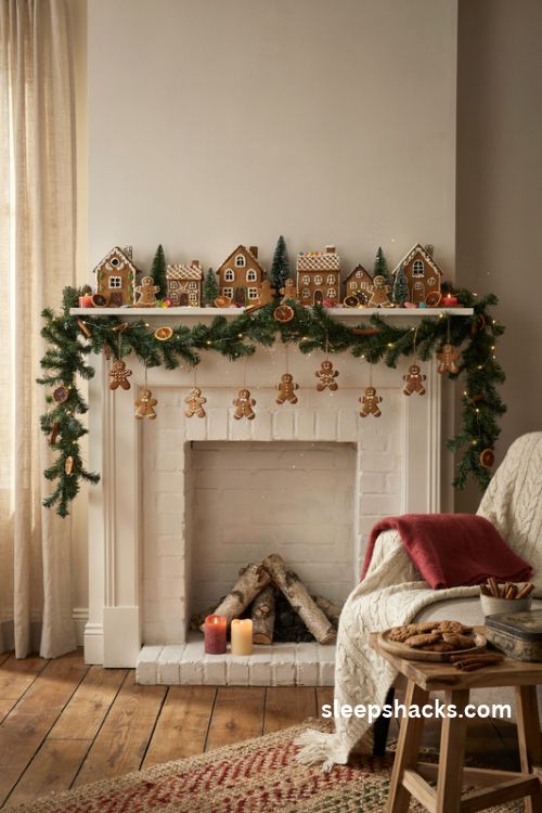 Gingerbread Christmas mantel decor with miniature cookie houses icing details evergreen garland and whimsical candy accents