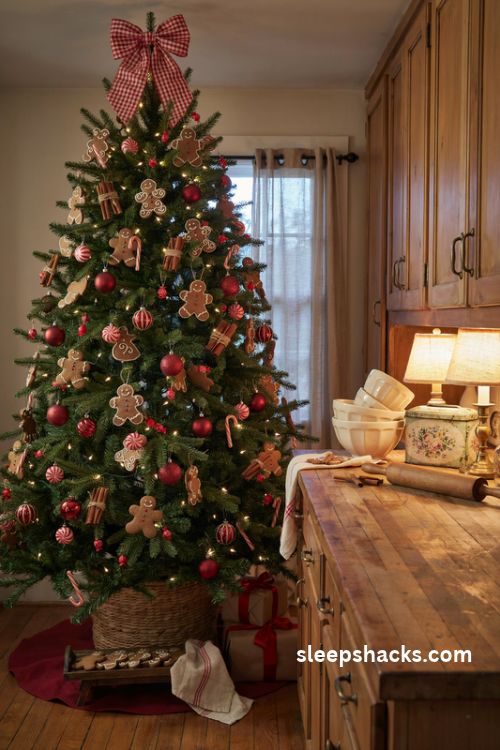 Gingerbread Christmas tree with red gingham bow peppermint candies and chocolate brown ornaments